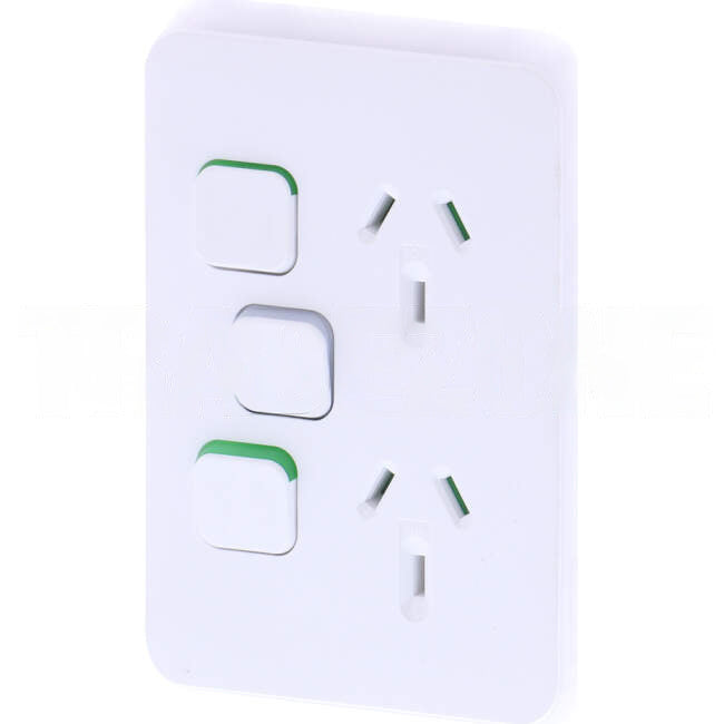 Clipsal 10 Amp ICONIC Double Vertical Internal Powerpoint With Shutter & Extra Switch Vivid White