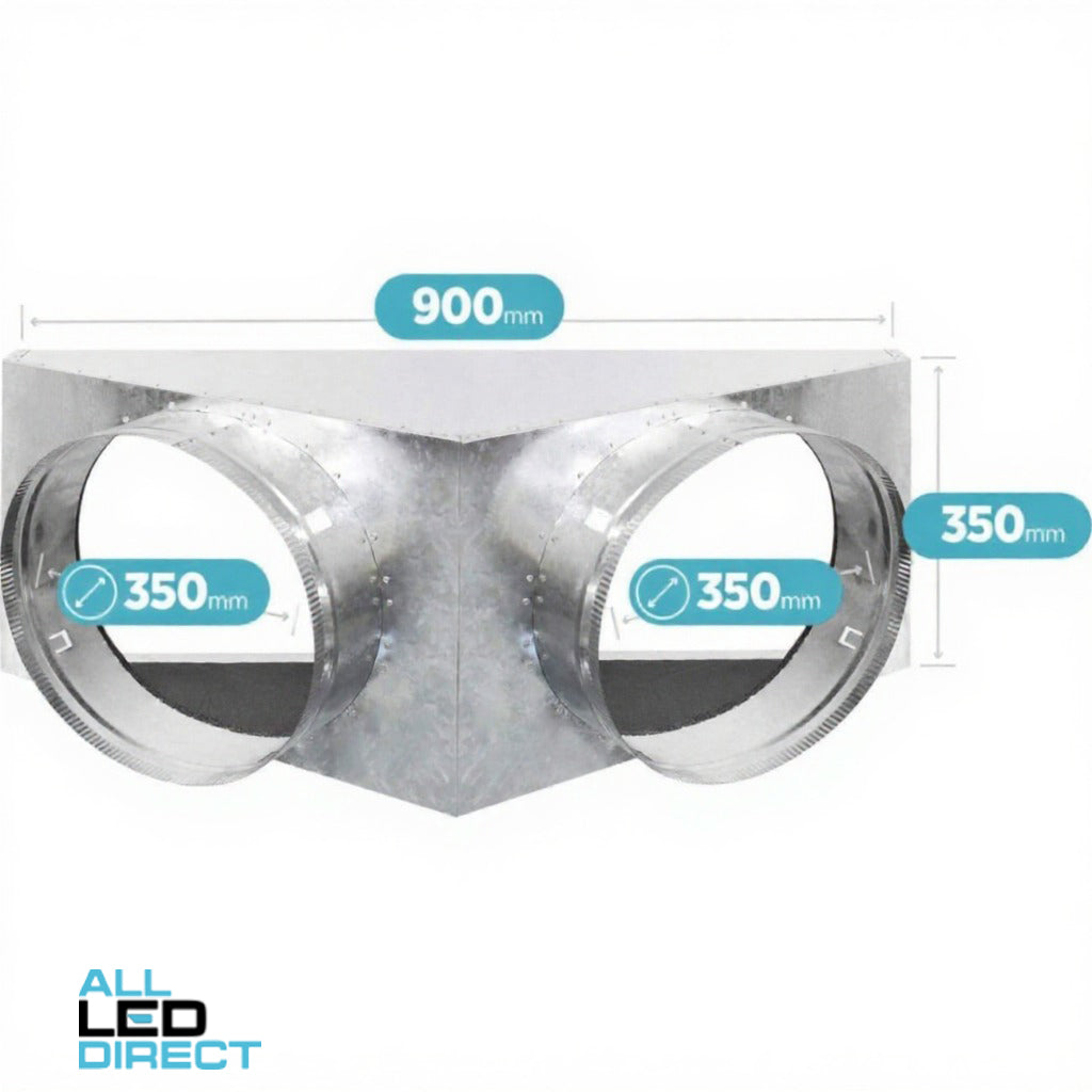 Powerwave Air 900mm x 350mm Supply Air V-Box Plenum with 2 x 350mm Spigot Suitable for Mitsubishi Models FDUA100/125