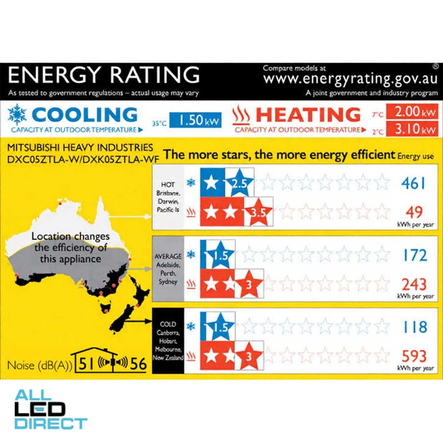 Mitsubishi 1.5kW Cool 2.0kW Heat Inverter CIARA Hi-Wall Indoor/Outdoor Air Conditioning Unit - WIFI Enabled