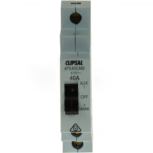 Clipsal 40 Amp 1 Pole Din Rail Mount Isolation Manual Changeover Switch Engraved With AUX/OFF/MAN