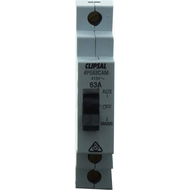 Clipsal 63 Amp 1 Pole Din Rail Mount Isolation Manual Changeover Switch Engraved With AUX/OFF/MAN