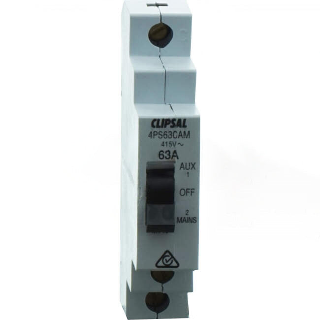 Clipsal 63 Amp 1 Pole Din Rail Mount Isolation Manual Changeover Switch Engraved With AUX/OFF/MAN