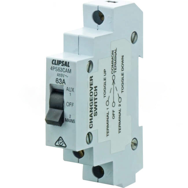 Clipsal 63 Amp 1 Pole Din Rail Mount Isolation Manual Changeover Switch Engraved With AUX/OFF/MAN