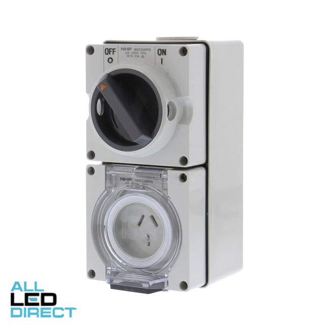 NHP 20 Amp Single Phase 3 Flat Pins Industrial Switched Outlet Grey