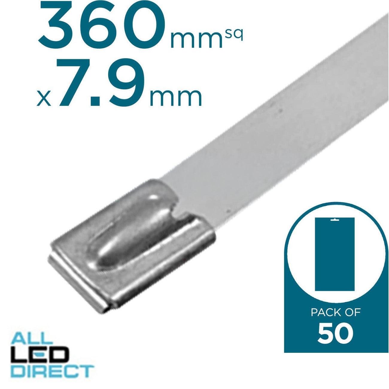 Cabac 360mm x 7.9mm Heavy Duty 316 Stainless Steel Standard Cable Ties Pack of 50