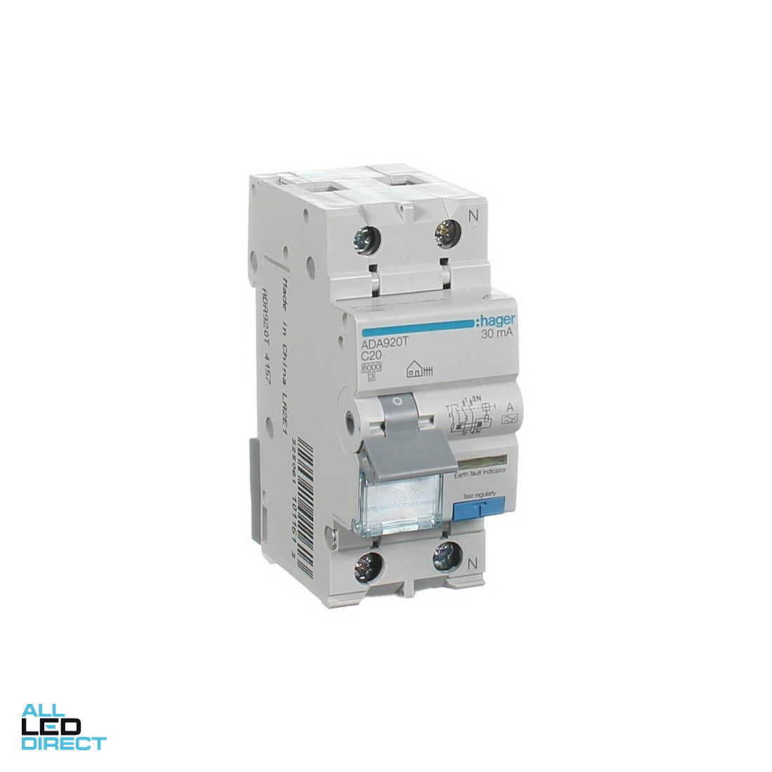 Hager 20 Amp A Class Miniature Circuit Breaker & Residual Current Device MCB/RCD RCBO C Curve 2 Pole 6kA 30mA ALL LED Direct