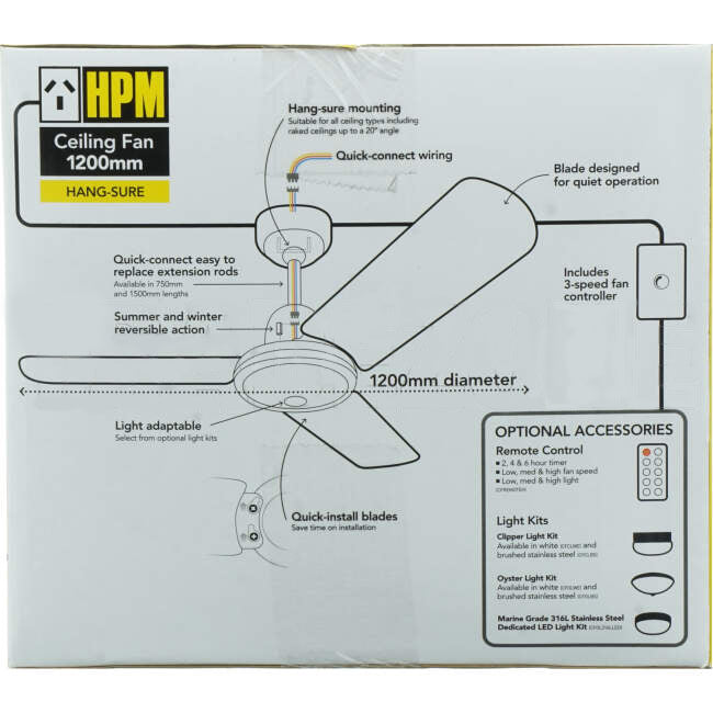HPM 1220mm (48') 3 Blade Ceiling Sweep Fan With Aluminium Blades White