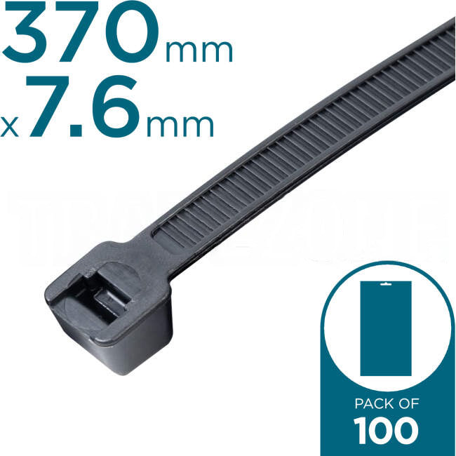 Cabac 370mm x 7.6mm Heavy Duty Plastic Cable Ties Black Pack of 100