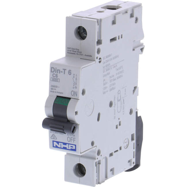 NHP 6 Amp Miniature Circuit Breaker MCB C Curve 1 Pole 6kA
