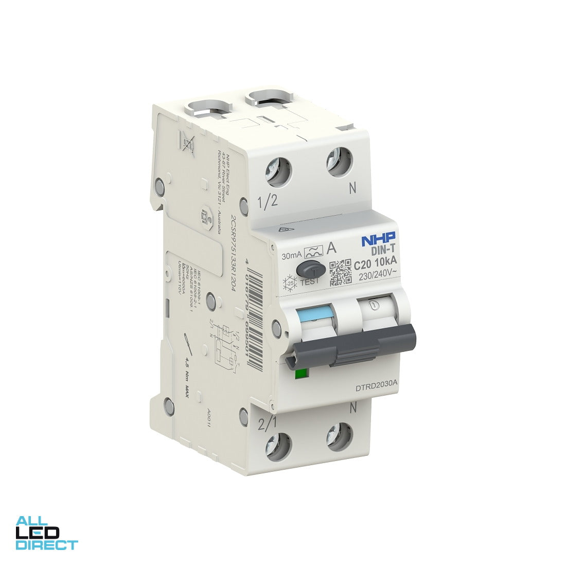 NHP 20 Amp DIN-T MCB/RCD RCBO C Curve 1 Pole + Switched Neutral Type A 10kA 30mA ALL LED Direct