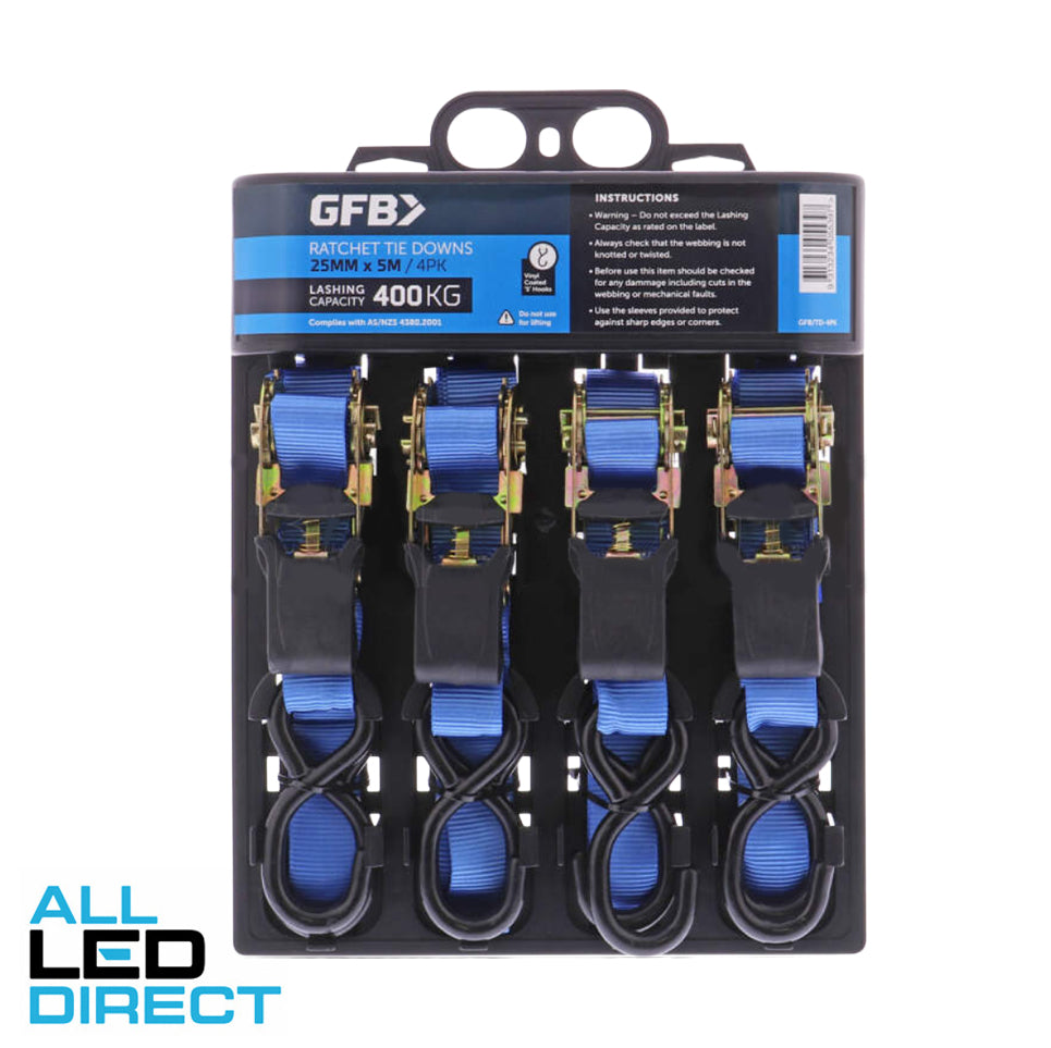 GFB 25mm x 5m 400kg Capacity Ratchet Tie Down Straps Pack of 4