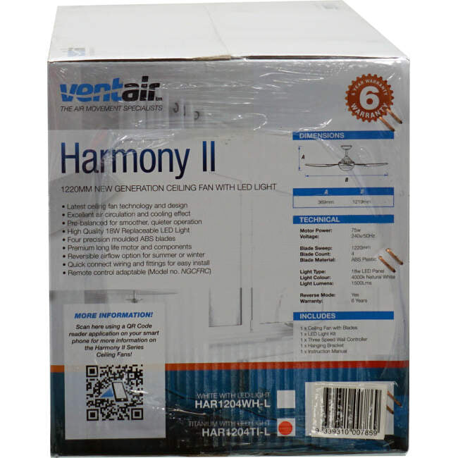 Ventair 1220mm (48') HARMONY II 4 Blade Ceiling Sweep Fan With Moulded ABS Blades & LED Light Titanium