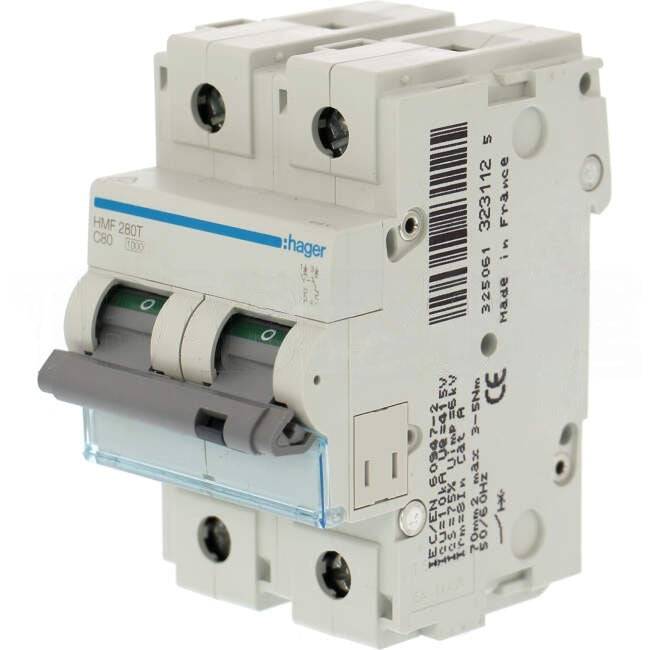 Hager 80 Amp Miniature Circuit Breaker MCB C Curve 2 Pole 10kA