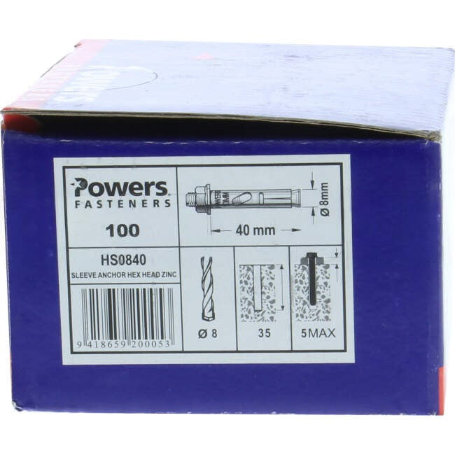 Powers 8mm x 40mm Hex Sleeve Anchor Pack Of 100