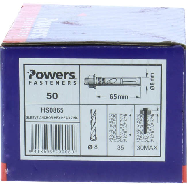 Powers 8mm x 65mm Hex Sleeve Anchor Pack Of 50