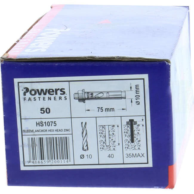 Powers 10mm x 75mm Hex Sleeve Anchor Pack Of 50