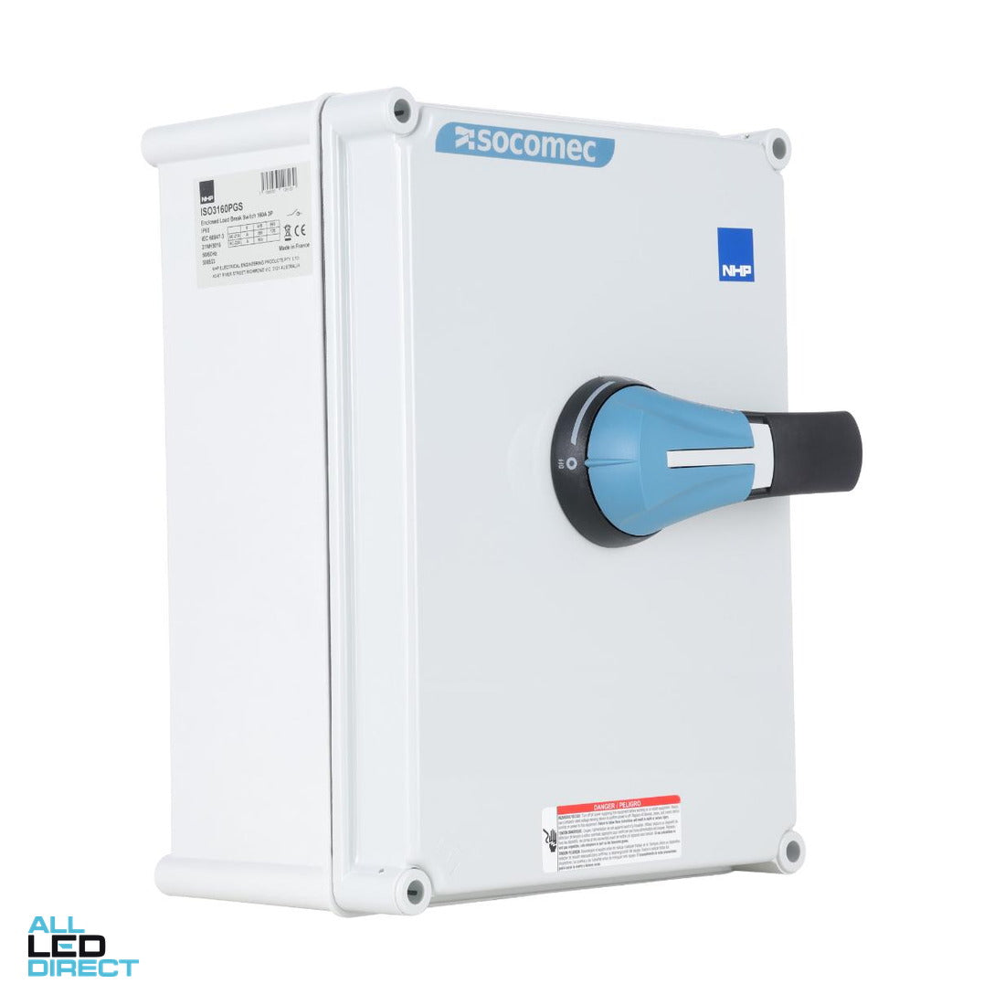 NHP 160 Amp 3 Pole IP66 ISOSWITCH U4 Industrial Isolator Grey With BlueHandle ALL LED Direct