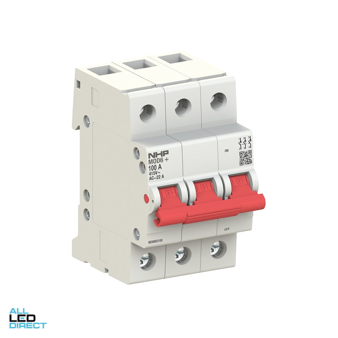 NHP 100 Amp MOD6+ 3 Pole Main Switch With Red Toggle ALL LED Direct