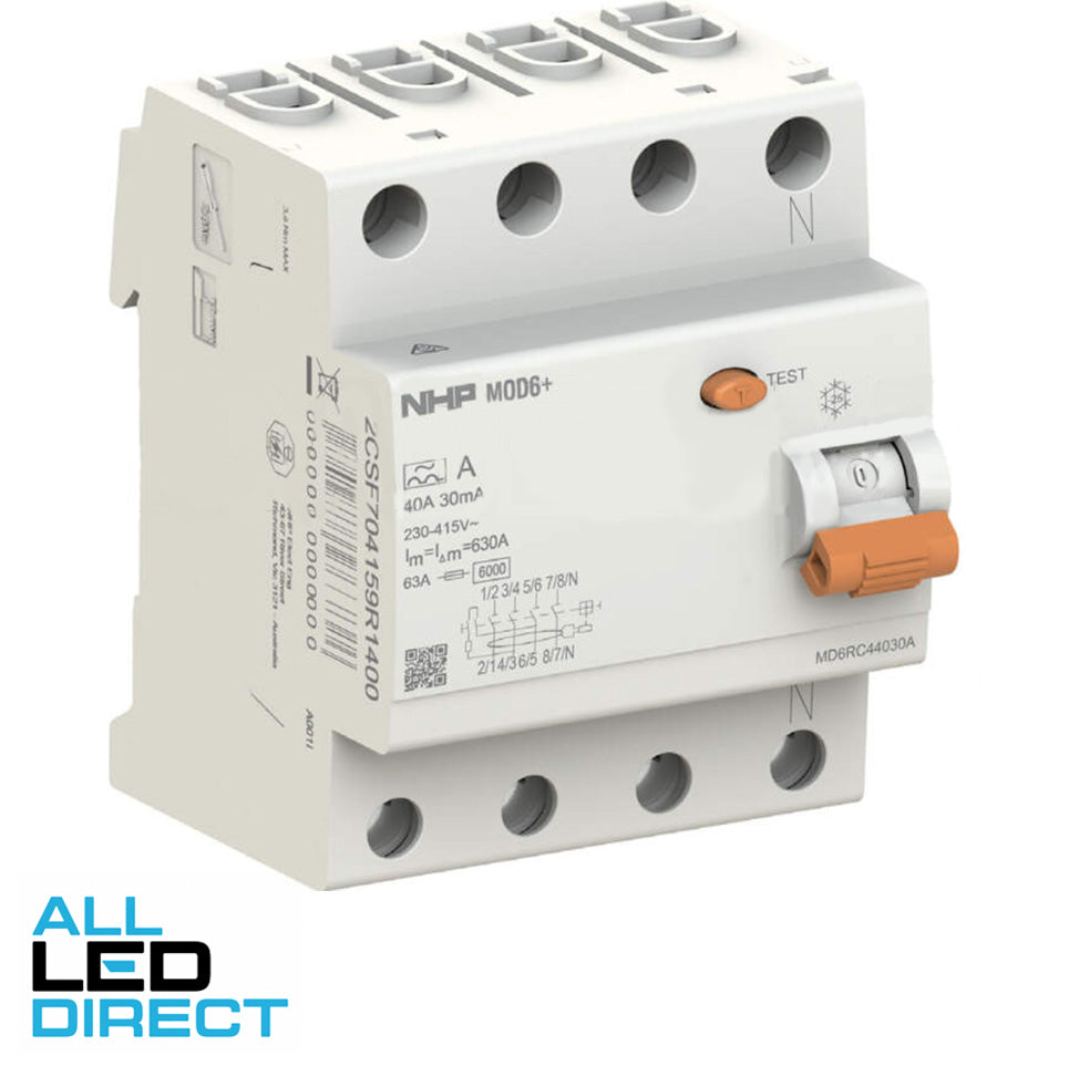 NHP 40 Amp MOD6+ Residual Current Circuit Breaker RCCB 3 Pole + Neutral 30mA Type A