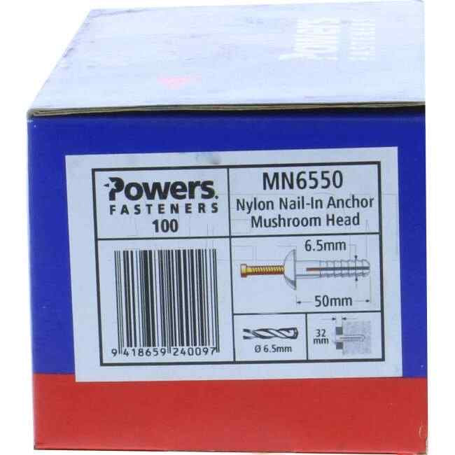 Powers 6.5mm x 50mm Nylon Anchor Mushroom Head Pack Of 100 - Default Title (MN6550PWR)