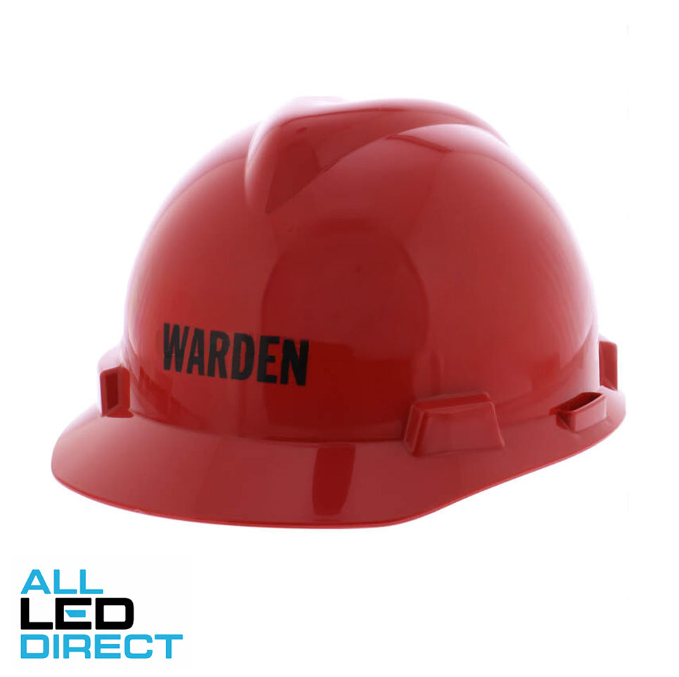 MSA V-GARD Elite Hard Hat With 4 Point PUSH KEY Suspension Red Marked With "WARDEN"