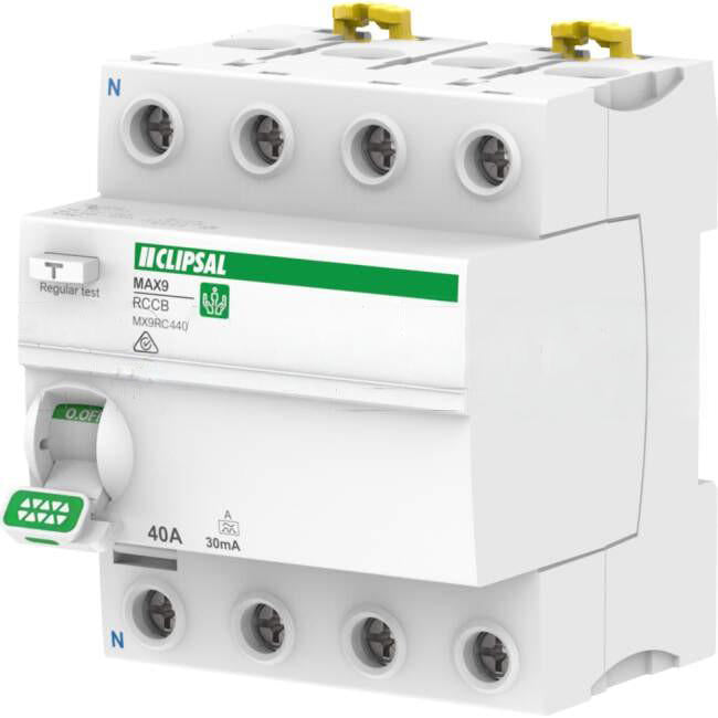 Clipsal MAX9 40 Amp Residual Current Circuit Breaker RCCB C Curve 4 Pole Type A 30mA 6kA