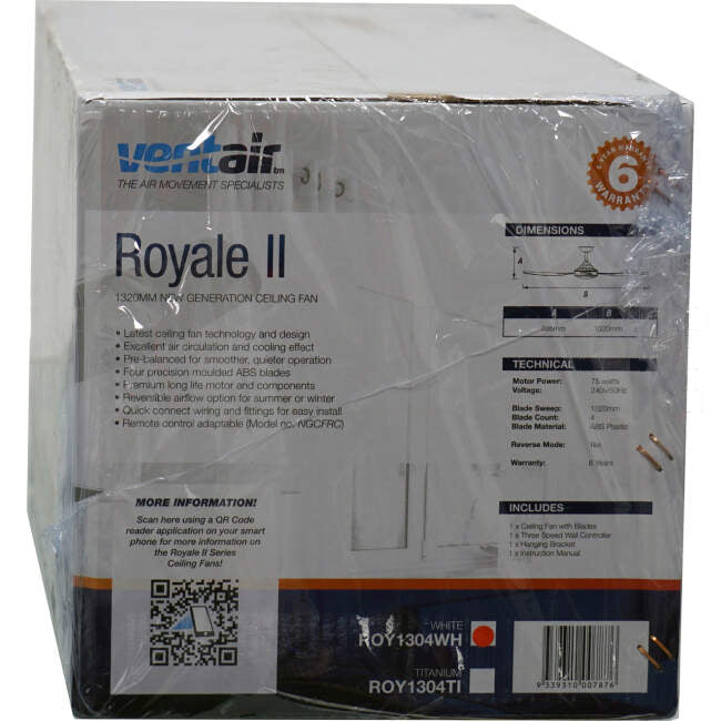 Ventair 1320mm (52') ROYALE II 4 Blade Ceiling Sweep Fan With Moulded ABS Blades White