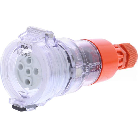 GEN3 10 Amp 3 Phase 5 Round Pins IP66 Industrial Straight Extension Socket Orange