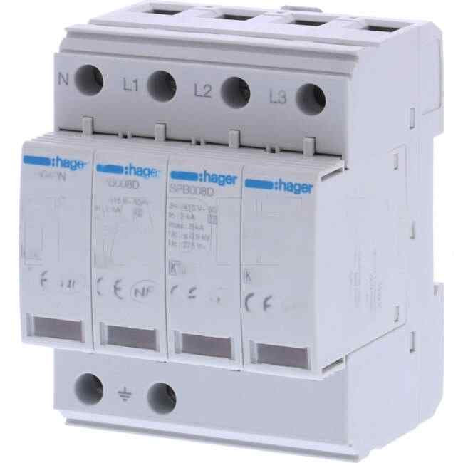 Hager 4 Pole 3 Module 8kA MONOBLOCK Surge Protection Diverter - Default Title (SPB408D)