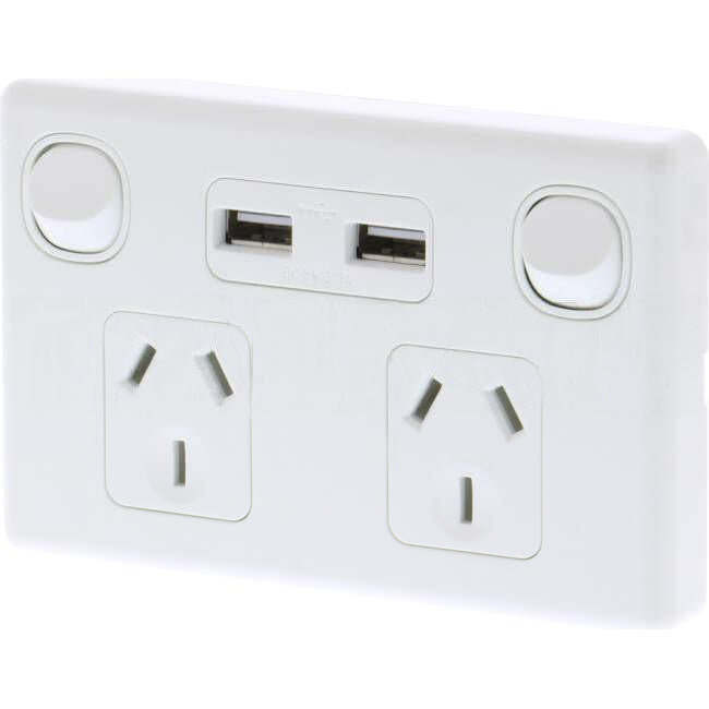 Tesla 10 Amp Double Internal Powerpoint With 2 x 2.1A (3.1A Max) USB Charger White