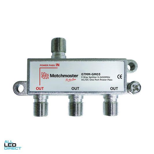 Matchmaster 3 Way Splitter With F Type Connections 5mhz To 2400mhz Power Pass ALL LED Direct