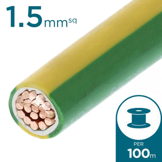 1.5mm Building Wire Cable Green & Yellow 100 Metre Drum