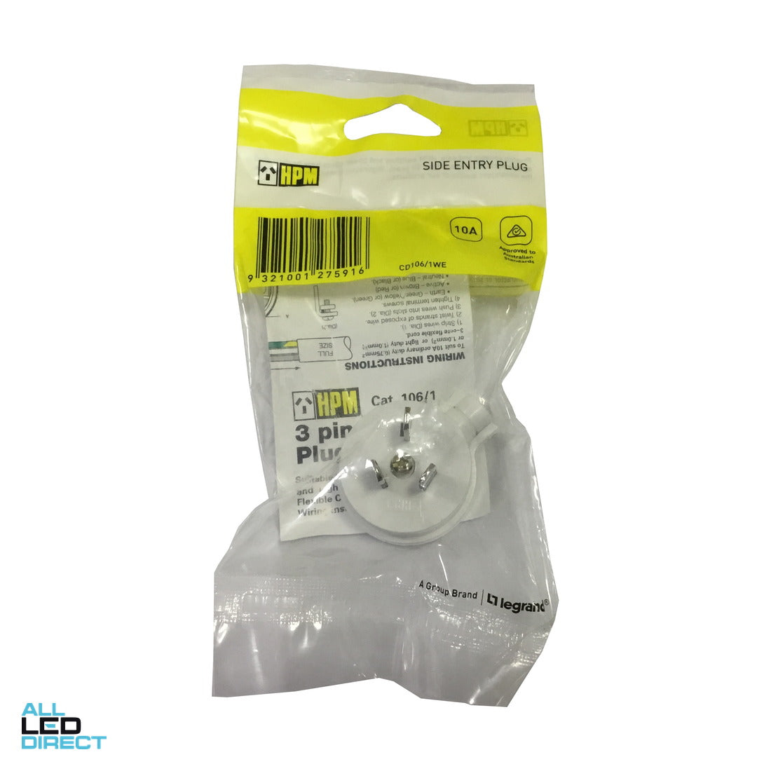 HPM 10 Amp 3 Pin Plug Tops Side Entry White ALL LED Direct