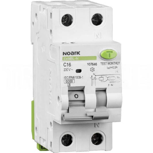 Noark 16 Amp Miniature Circuit Breaker & Residual Current Device MCB/RCD RCBO C Curve 1 Pole + N 10kA 30mA