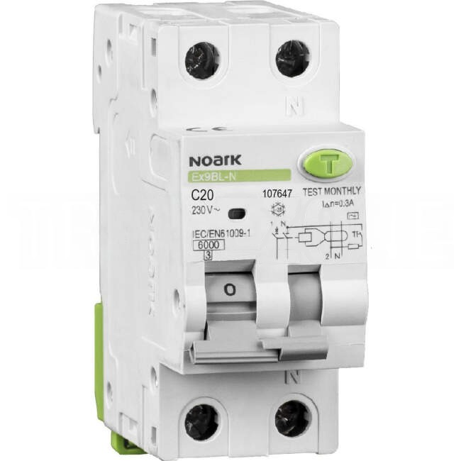 Noark 20 Amp Miniature Circuit Breaker & Residual Current Device MCB/RCD RCBO C Curve 1 Pole + N 10kA 30mA