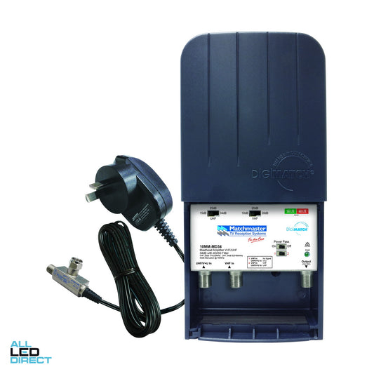 Matchmaster Power Passing Masthead Amplifier VHF/UHF 34dB with 4G/5G Filter and Power Supply ALL LED Direct