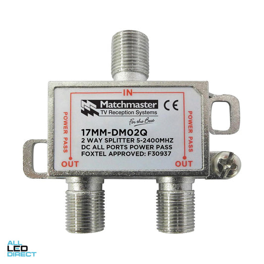 Matchmaster 2 Way Splitter With F Type Connections 5mhz To 2400mhz Power Pass – Model 17MM-DM02Q