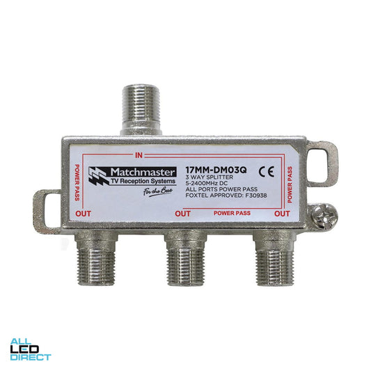 Matchmaster 3 Way Splitter With F Type Connections 5mhz To 2400mhz Power Pass – Model 17MM-DM03Q
