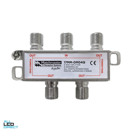 Matchmaster 4 Way Splitter With F Type Connections 5mhz To 2400mhz Power Pass – Model 17MM-DM04Q