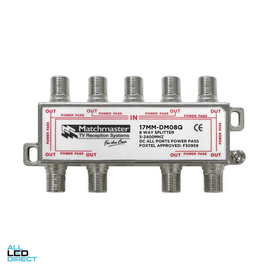 Matchmaster 8 Way Splitter With F Type Connections 5mhz To 2400mhz Power Pass – Model 17MM-DM08Q