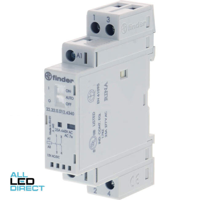 NHP 25 Amp Modular Contactor With 12 Volt AC/DC Coil & 2 x N/O Auxiliary Contact