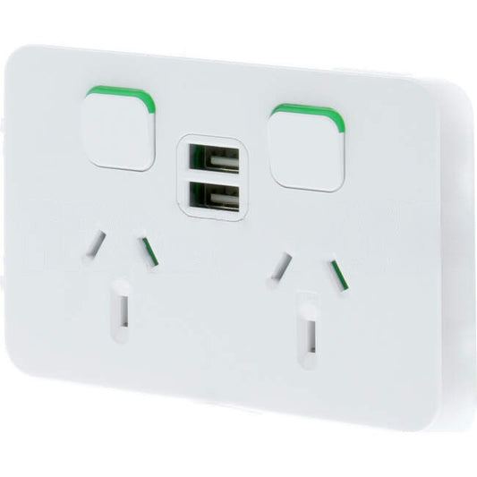 Clipsal 10 Amp ICONIC Double Internal Powerpoint With Shutter & Dual USB Charger Vivid White