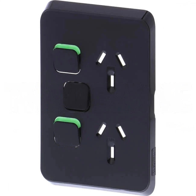 Clipsal 10 Amp ICONIC Double Vertical Internal Powerpoint Cover Plate With Removable Extra Switch Black