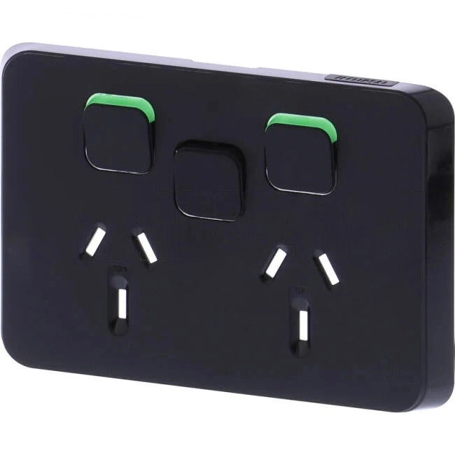 Clipsal 10 Amp ICONIC Double Internal Powerpoint Cover Plate With Removable Extra Switch Black