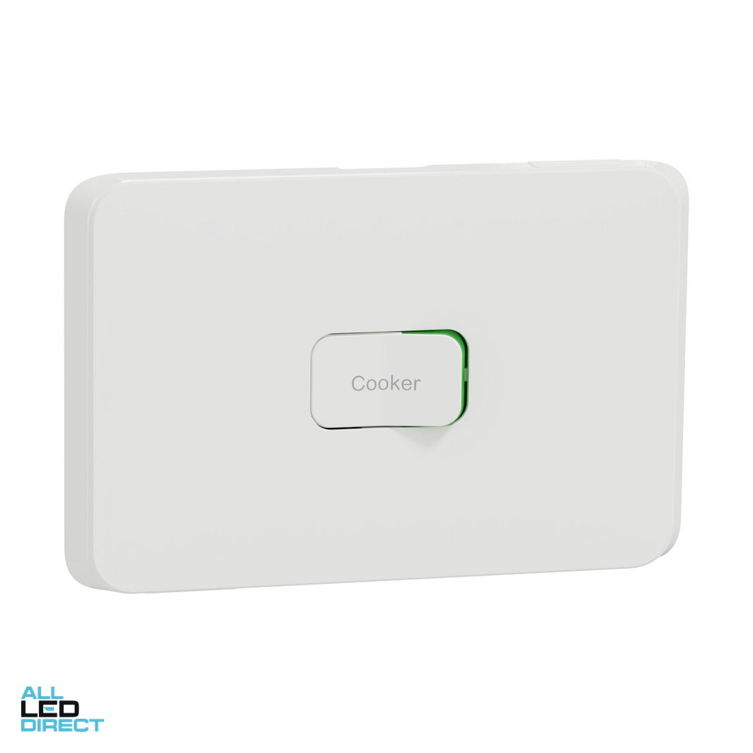 Clipsal 45 Amp 1 Gang ICONIC Horizontal Rocker Switch Engraved With COOKER Extra Vivid White ALL LED Direct