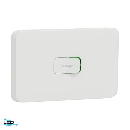 Clipsal 45 Amp 1 Gang ICONIC Double Pole Horizontal Rocker Switch Engraved With COOKER Vivid White ALL LED Direct