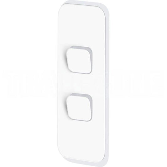 Clipsal 10 Amp 2 Gang ICONIC Vertical Internal Rocker Architrave Switch With LED Indicator Vivid White