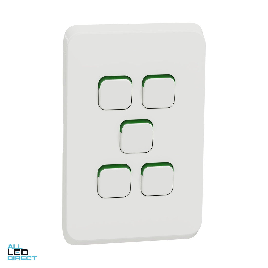 Clipsal 10 Amp 5 Gang ICONIC Vertical Internal Rocker Switch Extra Vivid White ALL LED Direct