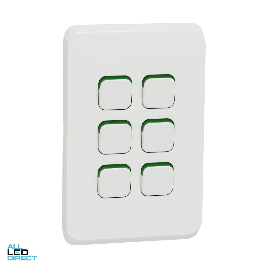 Clipsal 10 Amp 6 Gang ICONIC Vertical Internal Rocker Switch Extra Vivid White ALL LED Direct