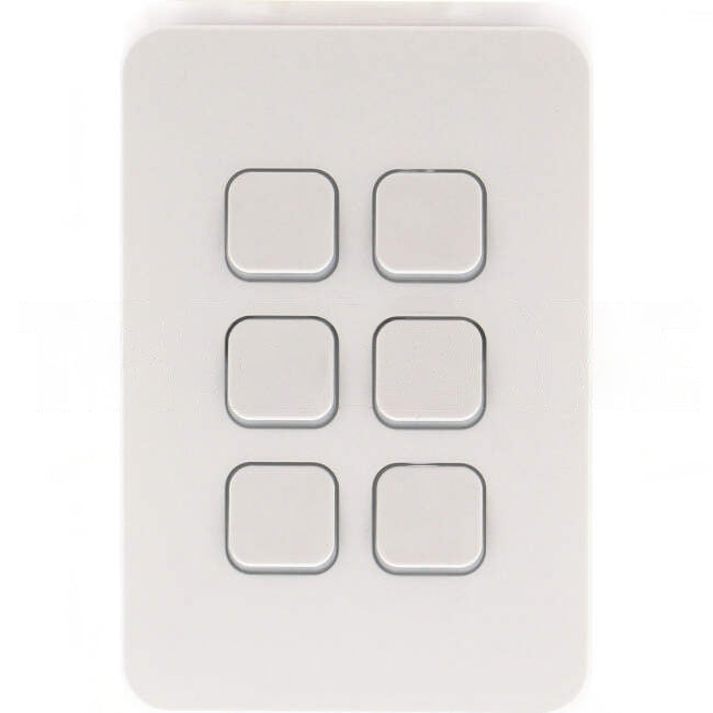 Clipsal 10 Amp 6 Gang ICONIC Vertical Internal Rocker Switch Vivid White